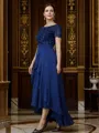 A-Line/Princess Chiffon Applique Bateau Short Sleeves Asymmetrical Mother of the Bride Dresses