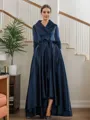 A-Line/Princess Satin Ruched V-neck Long Sleeves Asymmetrical Mother of the Bride Dresses