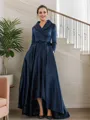 A-Line/Princess Satin Ruched V-neck Long Sleeves Asymmetrical Mother of the Bride Dresses
