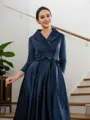 A-Line/Princess Satin Ruched V-neck Long Sleeves Asymmetrical Mother of the Bride Dresses
