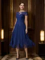 A-Line/Princess Chiffon Applique Bateau Short Sleeves Tea-Length Mother of the Bride Dresses