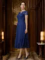 A-Line/Princess Chiffon Applique Bateau Short Sleeves Tea-Length Mother of the Bride Dresses