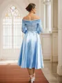 A-Line/Princess Silk Like Satin Ruched Off-the-Shoulder Long Sleeves Tea-Length Mother of the Bride Dresses
