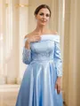 A-Line/Princess Silk Like Satin Ruched Off-the-Shoulder Long Sleeves Tea-Length Mother of the Bride Dresses