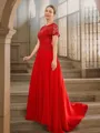 A-Line/Princess Chiffon Applique Scoop Short Sleeves Sweep Train Mother of the Bride Dresses