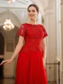 A-Line/Princess Chiffon Applique Scoop Short Sleeves Sweep Train Mother of the Bride Dresses