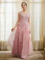 A-Line/Princess Tulle Applique V-neck Sleeveless Floor-Length Dresses