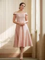 A-Line/Princess Satin Applique Off-the-Shoulder Sleeveless Tea-Length Mother of the Bride Dresses