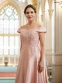 A-Line/Princess Satin Applique Off-the-Shoulder Sleeveless Tea-Length Mother of the Bride Dresses