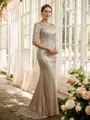 Sheath/Column Sequins Ruched 1/2 Sleeves Sweep Train Mother of the Bride Dresses