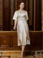 Sheath/Column Silk Like Satin Ruched Scoop Short Sleeves Tea-Length Mother of the Bride Dresses