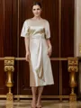 Sheath/Column Silk Like Satin Ruched Scoop Short Sleeves Tea-Length Mother of the Bride Dresses
