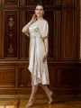 Sheath/Column Silk Like Satin Ruched Scoop Short Sleeves Tea-Length Mother of the Bride Dresses