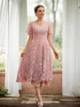 A-Line/Princess Chiffon Applique V-neck Short Sleeves Tea-Length Dresses