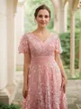 A-Line/Princess Chiffon Applique V-neck Short Sleeves Tea-Length Dresses