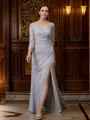 Sheath/Column 30D Chiffon Beading V-neck 3/4 Sleeves Floor-Length Mother of the Bride Dresses