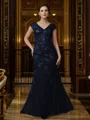 Sheath/Column Tulle Applique V-neck Short Sleeves Floor-Length Mother of the Bride Dresses