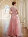 A-Line/Princess Tulle Applique Bateau Short Sleeves Floor-Length Dresses