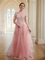 A-Line/Princess Tulle Applique Bateau Short Sleeves Floor-Length Dresses