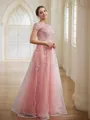 A-Line/Princess Tulle Applique Bateau Short Sleeves Floor-Length Dresses