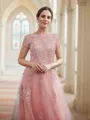 A-Line/Princess Tulle Applique Bateau Short Sleeves Floor-Length Dresses