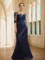 Sheath/Column Satin Applique Bateau 1/2 Sleeves Sweep Train Mother of the Bride Dresses
