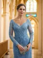 Sheath/Column Tulle Applique V-neck Long Sleeves Sweep Train Mother of the Bride Dresses