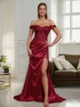 Sheath Off-the-Shoulder Appliques Lace Sweep Train Silk Like Satin Corset Porm Dress