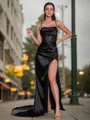 Sheath Spaghetti Straps Pleated Sweep Train Silk Like Satin Corset Porm Dress