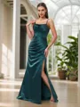 Sheath Spaghetti Straps Pleated Floor-Length Satin Porm Dress