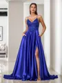 A-line V-neck Appliques Lace Sweep Train Silk Like Satin Porm Dress