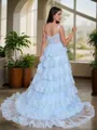 A-line Off-the-Shoulder Appliques Lace Court Train Tulle Corset Porm Dress