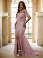 Sheath/Column Tulle Applique Off-the-Shoulder Sleeveless Sweep Train Porm Dress