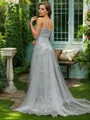A-Line/Princess Tulle Lace V-neck Sleeveless Sweep Train Porm Dress