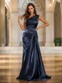 Sheath/Column Silk Like Satin Ruffles One-Shoulder Sleeveless Sweep Train Porm Dress
