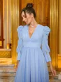 A-Line/Princess Chiffon Ruched V-neck Long Sleeves Floor-Length Porm Dress