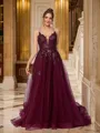 A-Line/Princess Tulle Applique V-neck Sleeveless Court Train Porm Dress