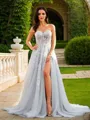 A-Line/Princess Tulle Applique Sweetheart Sleeveless Court Train Porm Dress