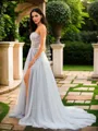A-Line/Princess Tulle Applique Sweetheart Sleeveless Court Train Porm Dress