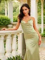 Sheath/Column Silk like Satin Ruched Spaghetti Straps Sleeveless Floor-Length Porm Dress