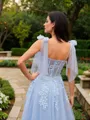 A-Line/Princess Tulle Applique Straps Sleeveless Sweep Train Porm Dress