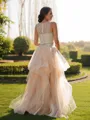 A-Line/Princess Tulle Beading Scoop Sleeveless Floor-Length Two Piece Porm Dress