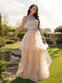 A-Line/Princess Tulle Beading Scoop Sleeveless Floor-Length Two Piece Porm Dress