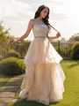 A-Line/Princess Tulle Beading Scoop Sleeveless Floor-Length Two Piece Porm Dress