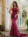 Sheath/Column Silk like Satin Ruched Halter Sleeveless Sweep Train Porm Dress