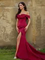 Sheath/Column Satin Ruched Off-the-Shoulder Sleeveless Sweep Train Porm Dress