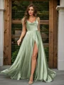 A-Line/Princess Silk like Satin Ruffles Spaghetti Straps Sleeveless Sweep Train Prom Dress