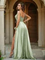 A-Line/Princess Silk like Satin Ruffles Spaghetti Straps Sleeveless Sweep Train Prom Dress