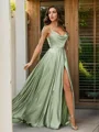A-Line/Princess Silk like Satin Ruffles Spaghetti Straps Sleeveless Sweep Train Prom Dress