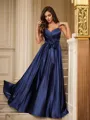 A-Line/Princess Satin Ruffles V-neck Sleeveless Floor-Length Porm Dress